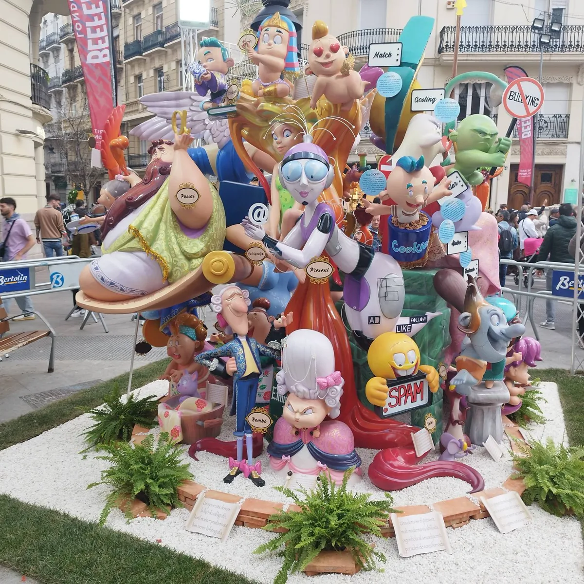 Falla monument satirising internet culture with ninots labelled spam, cookies, match and ghosting in Valencia