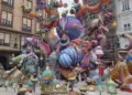 Arabian Nights themed falla monument with giant turbaned ninots in a street in central Valencia during Las Fallas